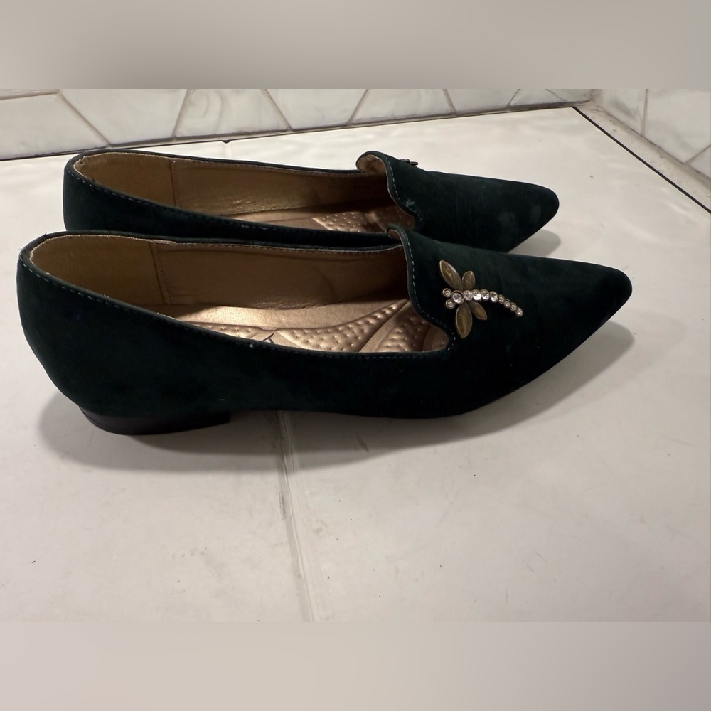 Dragonfly Bellini Dark Green Velvet Pointed Toe Flats Rhinestones Sz 6 - Picture 9 of 13